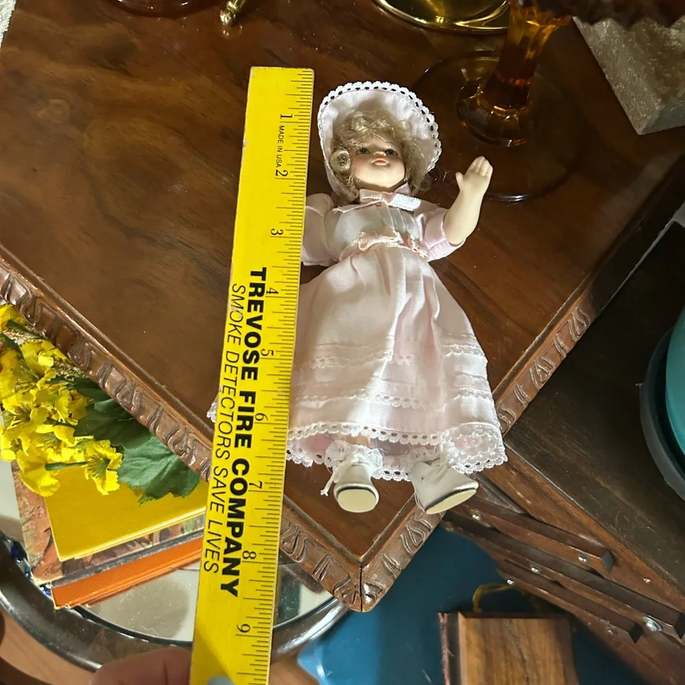 Vintage Porcelain Doll with Pink Dress & Bonnet